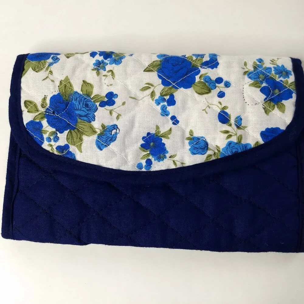 Quilted Blue Floral Wallet Checkbook Cards Pouch Cottagecore Farmhouse Hippie